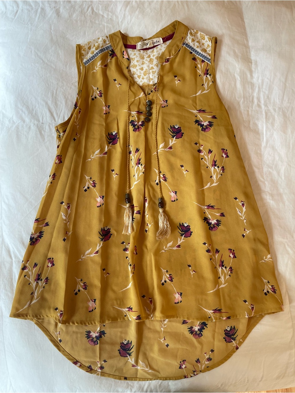 Rewind Mustard Floral Tassel Tie-Front Hi-Low Tunic Top